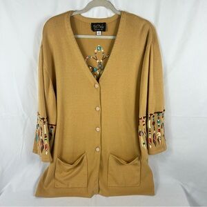 BOB MACKIE Wearable Art 3X Beige Dream Catcher Cardigan Sweater Embroidered Knit